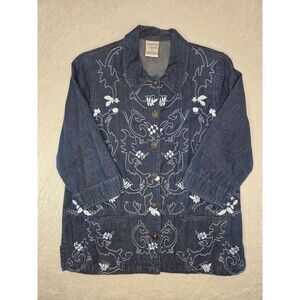 Vintage Allison Daley Blue Embroidered Floral Denim Jacket 3/4 Sleeve Size 12